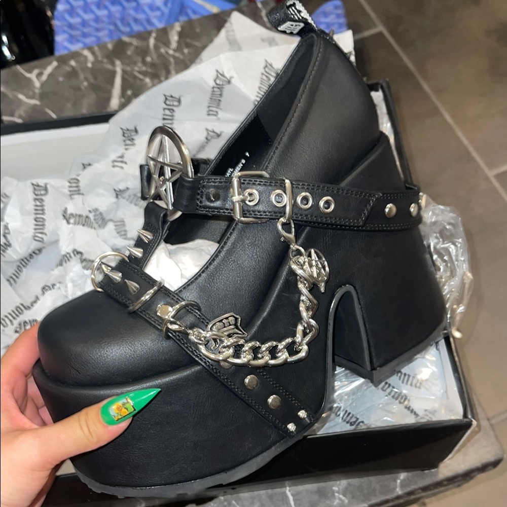 Demonia Black Platform Shoes with Silver Accents
